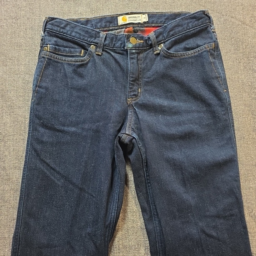 Carhartt Women's Blue Jeans Straight Leg Flannel Lined Sz 8 Dark wash 102729 474